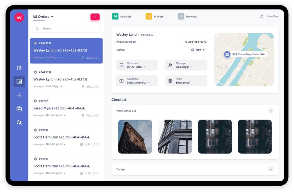 Desktop interface with navigation, map, images, orders and status